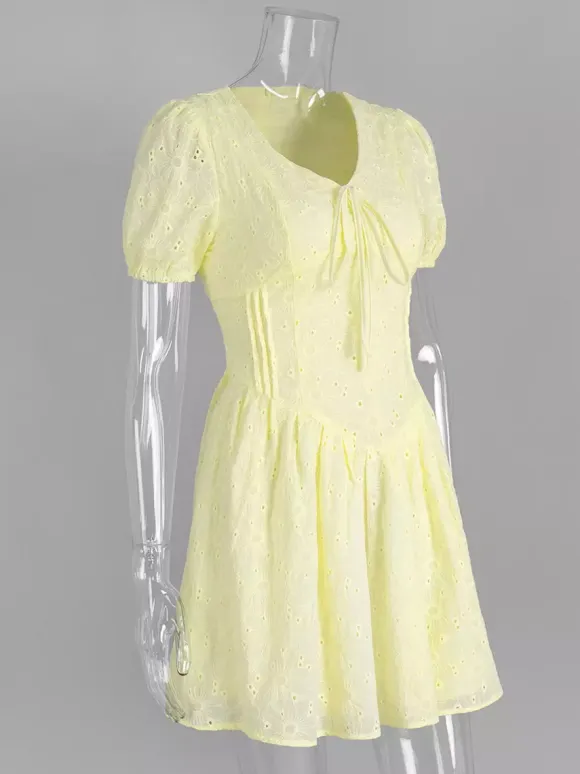 Yellow Eyelet Mini Dress With V-Neck And Puff Sleeves For Summer 2026