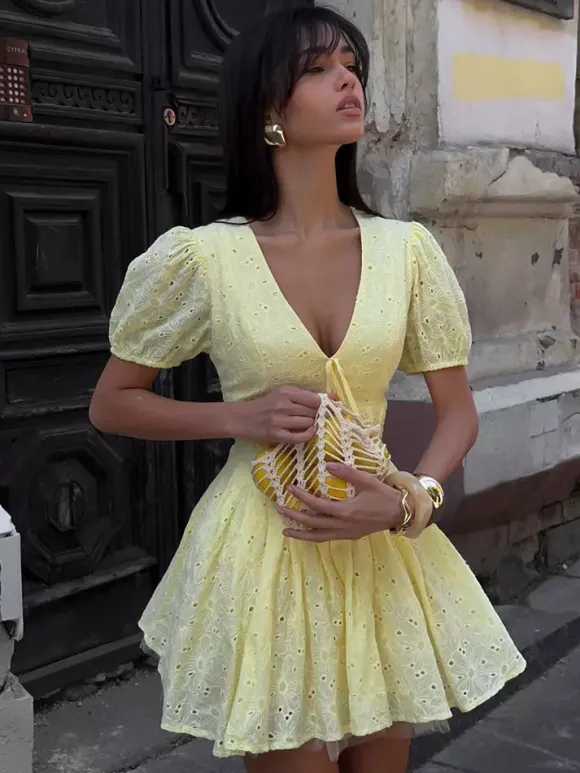 Yellow Eyelet Mini Dress With V-Neck And Puff Sleeves For Summer 2026