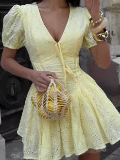 Yellow Eyelet Mini Dress With V-Neck And Puff Sleeves For Summer 2026