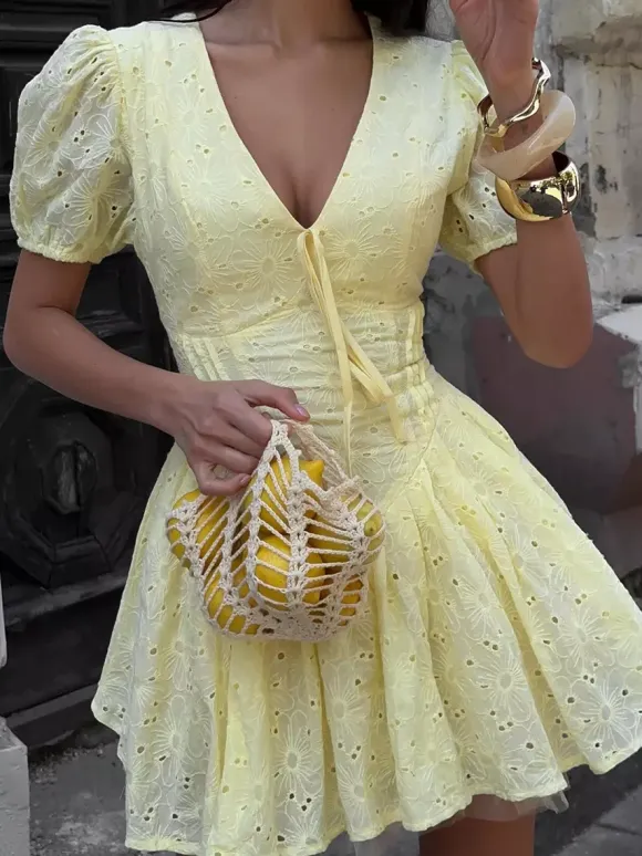 Yellow Eyelet Mini Dress With V-Neck And Puff Sleeves For Summer 2026