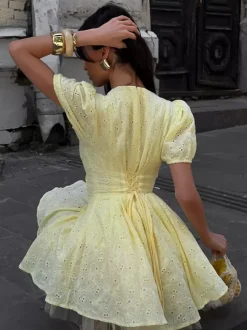Yellow Eyelet Mini Dress With V-Neck And Puff Sleeves For Summer 2026