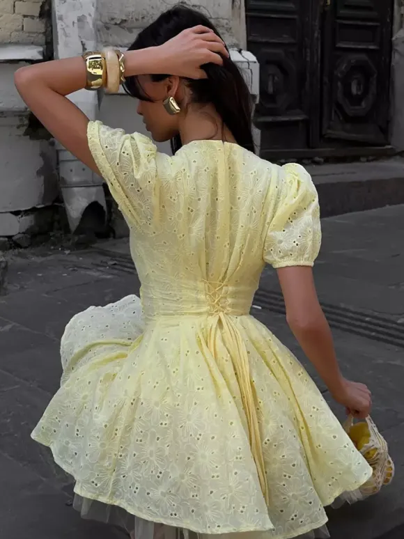 Yellow Eyelet Mini Dress With V-Neck And Puff Sleeves For Summer 2026