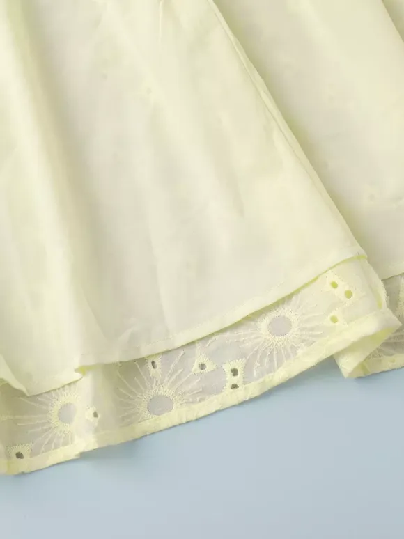 Yellow Eyelet Mini Dress With V-Neck And Puff Sleeves For Summer 2026