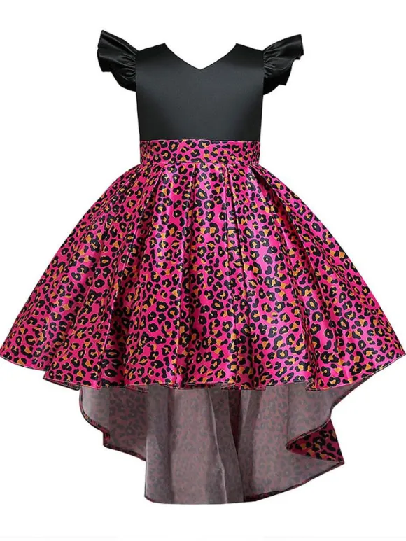 Yellow Flower Girl Dresses With Train V Neck Sleeveless Leopard Print Kids Party Dresses