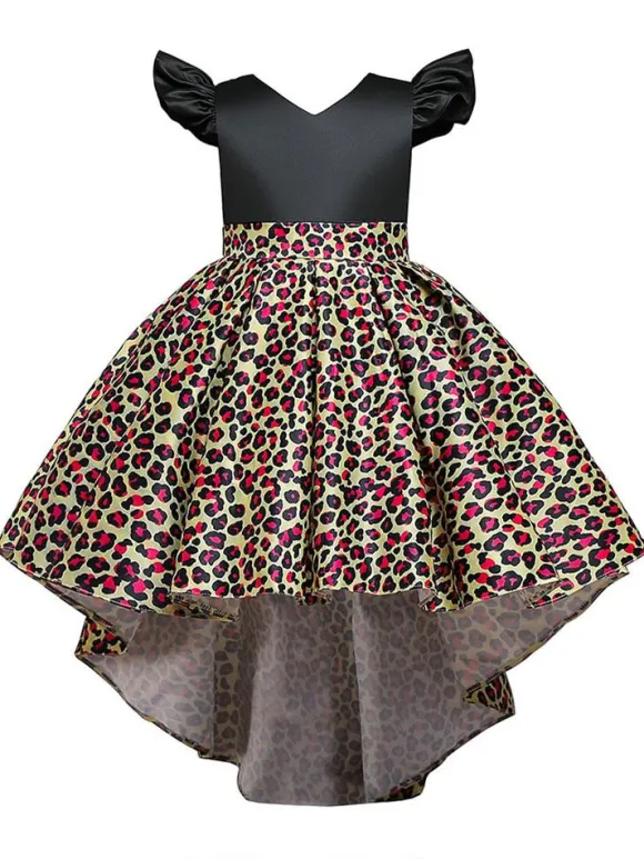 Yellow Flower Girl Dresses With Train V Neck Sleeveless Leopard Print Kids Party Dresses