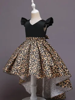 Yellow Flower Girl Dresses With Train V Neck Sleeveless Leopard Print Kids Party Dresses