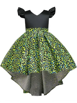 Yellow Flower Girl Dresses With Train V Neck Sleeveless Leopard Print Kids Party Dresses