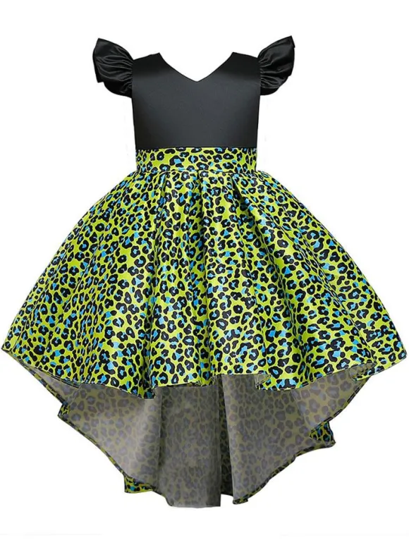 Yellow Flower Girl Dresses With Train V Neck Sleeveless Leopard Print Kids Party Dresses