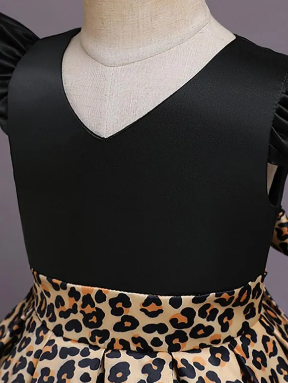 Yellow Flower Girl Dresses With Train V Neck Sleeveless Leopard Print Kids Party Dresses