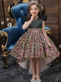 Yellow Flower Girl Dresses With Train V Neck Sleeveless Leopard Print Kids Party Dresses