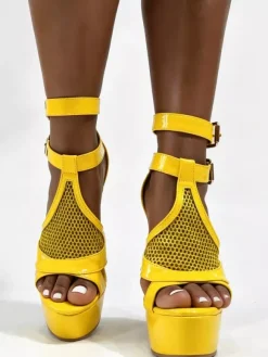 Yellow High Heel Sandals Platform Open Toe Patchwork Chukle Detail Sandal Shoes