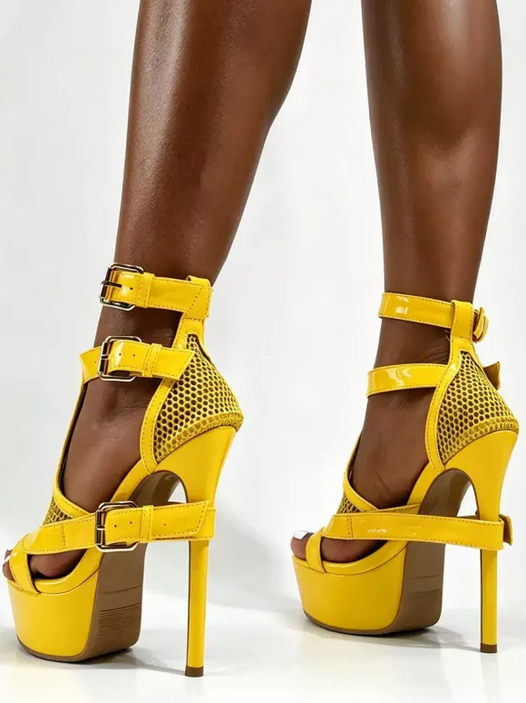 Yellow High Heel Sandals Platform Open Toe Patchwork Chukle Detail Sandal Shoes