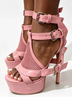 Yellow High Heel Sandals Platform Open Toe Patchwork Chukle Detail Sandal Shoes