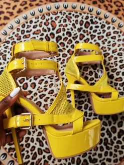 Yellow High Heel Sandals Platform Open Toe Patchwork Chukle Detail Sandal Shoes