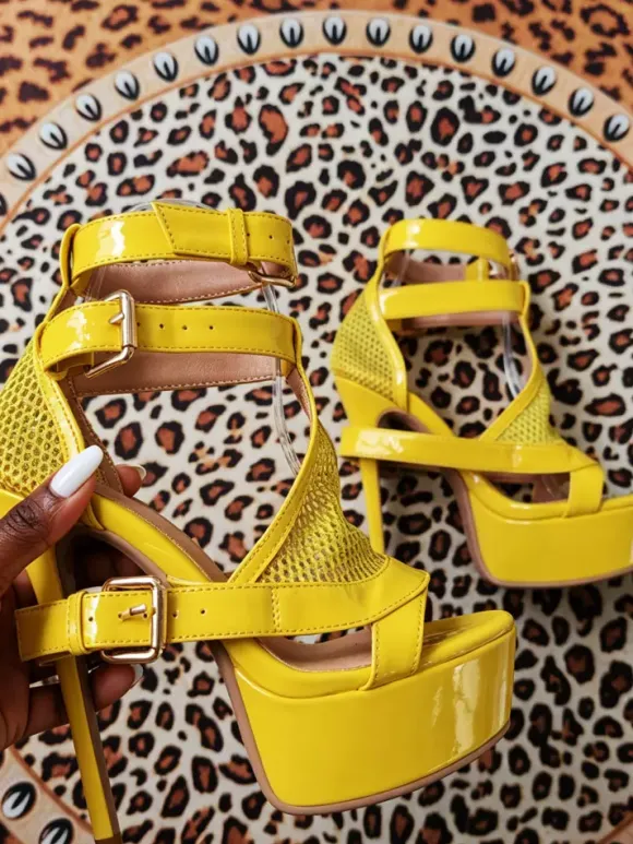 Yellow High Heel Sandals Platform Open Toe Patchwork Chukle Detail Sandal Shoes