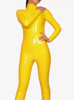 Yellow Long Sleeves PVC Shiny Metallic Fabric Catsuit Front Zipper Unisex Body Suit