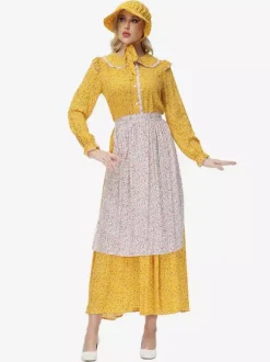 Yellow Floral Prairie Pioneer Clothing Pastoral Style Dress