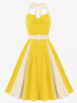 Yellow Halter Neck Vintage Swing Dress Contrast White Belt 50s Retro Rockabilly Dress