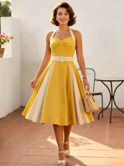 Yellow Halter Neck Vintage Swing Dress Contrast White Belt 50s Retro Rockabilly Dress