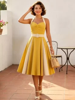 Yellow Halter Neck Vintage Swing Dress Contrast White Belt 50s Retro Rockabilly Dress
