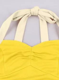 Yellow Halter Neck Vintage Swing Dress Contrast White Belt 50s Retro Rockabilly Dress