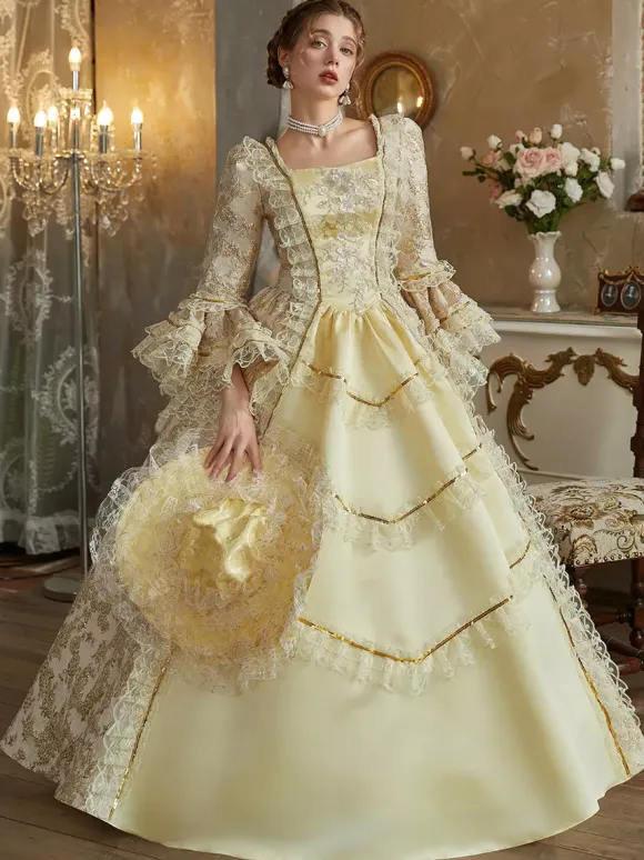 Yellow Retro Costumes Ruffles Polyester Dress Women's Baroque Style Marie Antoinette Costume Vintage Clothing