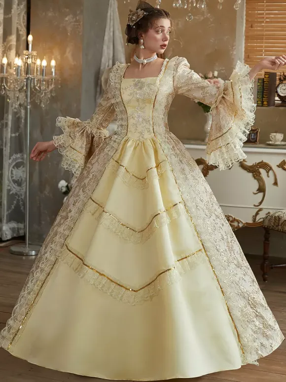 Yellow Retro Costumes Ruffles Polyester Dress Women's Baroque Style Marie Antoinette Costume Vintage Clothing