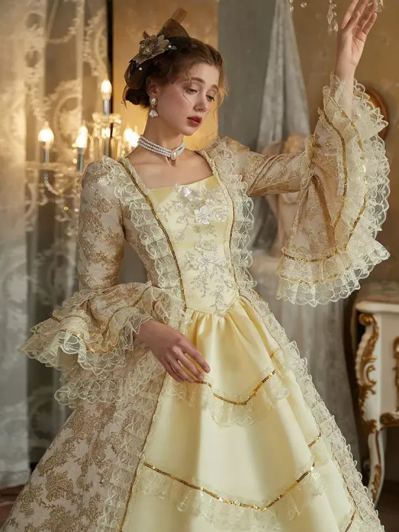 Yellow Retro Costumes Ruffles Polyester Dress Women's Baroque Style Marie Antoinette Costume Vintage Clothing