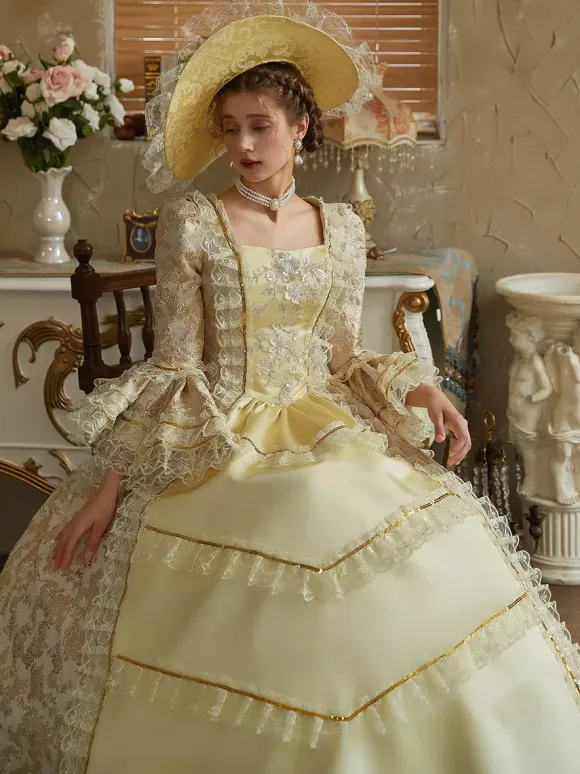 Yellow Retro Costumes Ruffles Polyester Dress Women's Baroque Style Marie Antoinette Costume Vintage Clothing