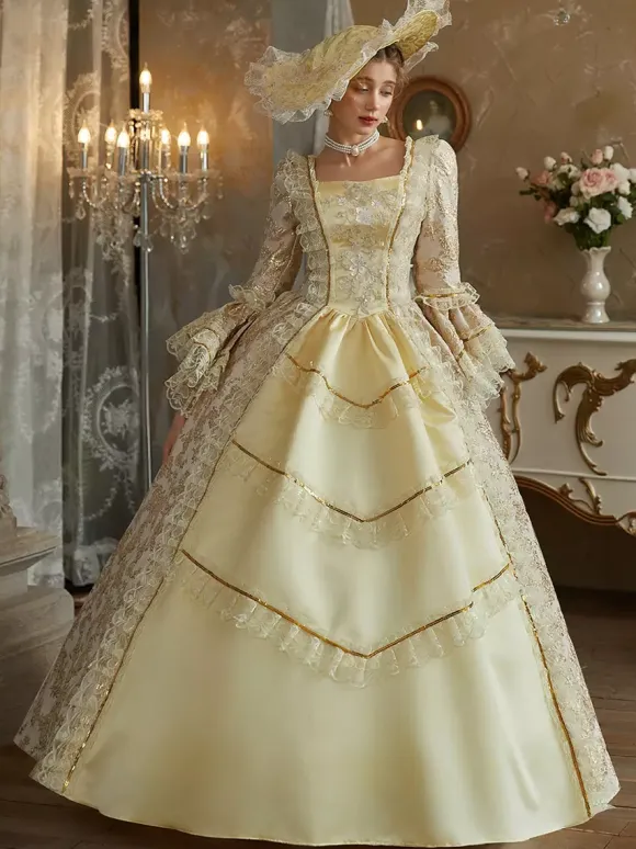 Yellow Retro Costumes Ruffles Polyester Dress Women's Baroque Style Marie Antoinette Costume Vintage Clothing