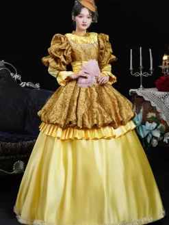 Yellow Retro Costumes Women's Ruffles Polyester Dress Headwear Retro Marie Antoinette Costume 18th Century Costume