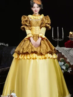 Yellow Retro Costumes Women's Ruffles Polyester Dress Headwear Retro Marie Antoinette Costume 18th Century Costume
