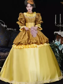 Yellow Retro Costumes Women's Ruffles Polyester Dress Headwear Retro Marie Antoinette Costume 18th Century Costume