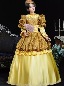 Yellow Retro Costumes Women's Ruffles Polyester Dress Headwear Retro Marie Antoinette Costume 18th Century Costume