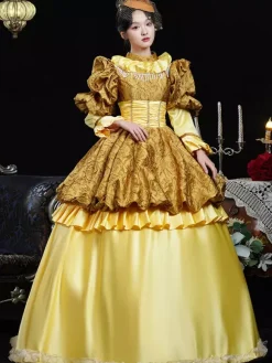 Yellow Retro Costumes Women's Ruffles Polyester Dress Headwear Retro Marie Antoinette Costume 18th Century Costume