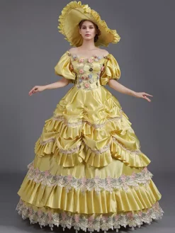 Yellow Vintage Dress Lace Polyester Lace Hat Women's Victorian 18th Century Costume