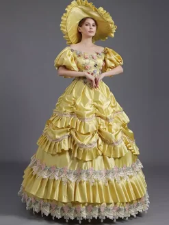 Yellow Vintage Dress Lace Polyester Lace Hat Women's Victorian 18th Century Costume