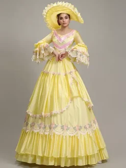 Yellow Vintage Dress Women's Lace Embroidered Polyester Set Victorian Dress