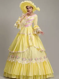 Yellow Vintage Dress Women's Lace Embroidered Polyester Set Victorian Dress
