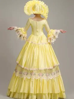 Yellow Vintage Dress Women's Lace Embroidered Polyester Set Victorian Dress