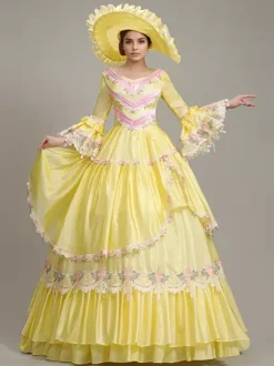Yellow Vintage Dress Women's Lace Embroidered Polyester Set Victorian Dress