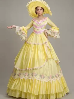 Yellow Vintage Dress Women's Lace Embroidered Polyester Set Victorian Dress