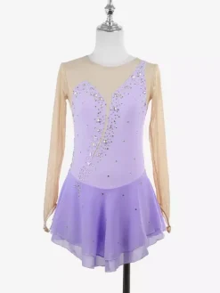 Yellow Women Girl Skating Dress Nuded Long Sleeves Rhinetone Ice Skater Dress