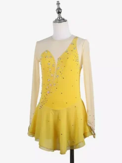 Yellow Women Girl Skating Dress Nuded Long Sleeves Rhinetone Ice Skater Dress