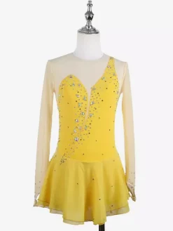 Yellow Women Girl Skating Dress Nuded Long Sleeves Rhinetone Ice Skater Dress