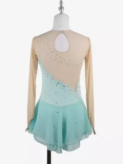 Yellow Women Girl Skating Dress Nuded Long Sleeves Rhinetone Ice Skater Dress