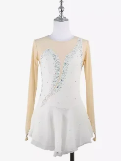 Yellow Women Girl Skating Dress Nuded Long Sleeves Rhinetone Ice Skater Dress