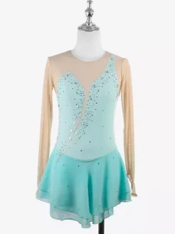 Yellow Women Girl Skating Dress Nuded Long Sleeves Rhinetone Ice Skater Dress