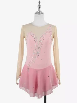 Yellow Women Girl Skating Dress Nuded Long Sleeves Rhinetone Ice Skater Dress