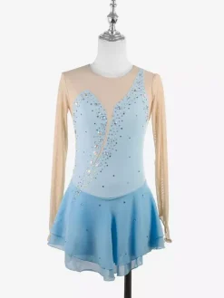 Yellow Women Girl Skating Dress Nuded Long Sleeves Rhinetone Ice Skater Dress